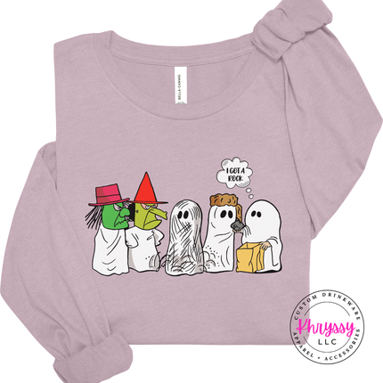Light Violet long sleeve tee with the ghost costume lineup Halloween graphic