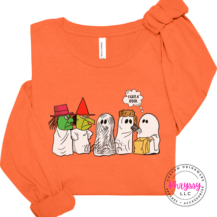 Orange long sleeve tee with the witch and ghost costume party graphic