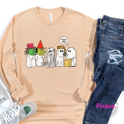 Sand Dune long sleeve tee with the ghost costume lineup Halloween graphic