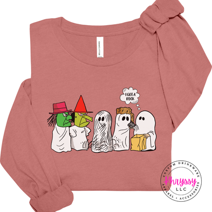 Mauve long sleeve tee with the funny ghosts in costumes design