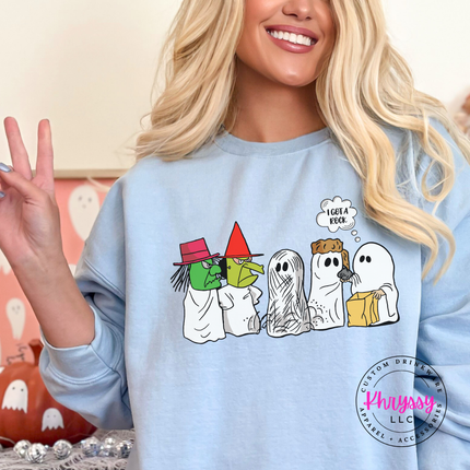 Cozy Light Blue fleece crewneck featuring a group of trick-or-treating ghosts.