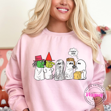 Light pink crewneck sweatshirt featuring two retro ghosts trading Halloween candy.