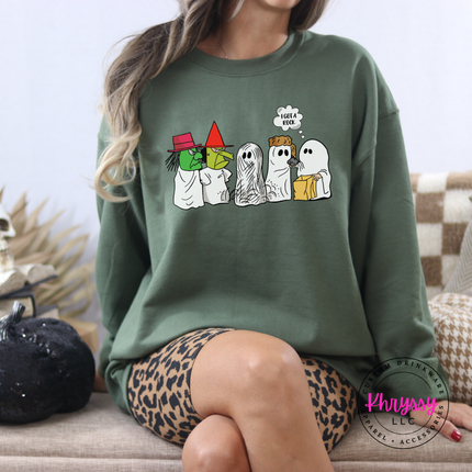 Military green colored crewneck sweatshirt featuring vintage-style Halloween ghosts.