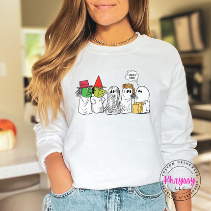 White crewneck sweatshirt with a funny I Got A Rock illustration.