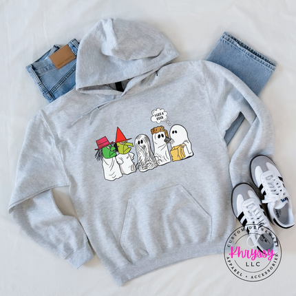 Woman wearing an Ash heavyweight hoodie with a funny ghost Halloween graphic.