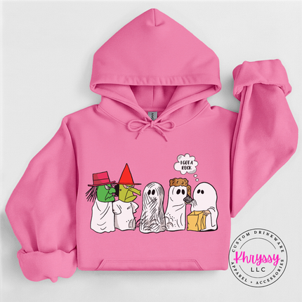 Cozy Azalea fleece hoodie featuring a group of trick-or-treating ghosts.