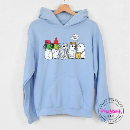 Light Blue hoodie with kangaroo pocket showing a nostalgic Halloween ghost print.