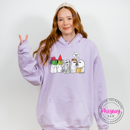 Orchid pullover hoodie with a hand-illustrated retro ghost print.