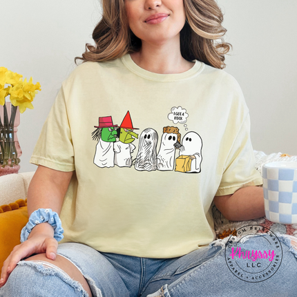 Butter tee with a hand-illustrated retro ghost Halloween comic print.