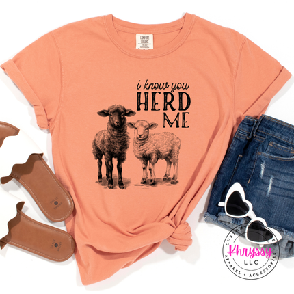 terracotta t-shirt with sheep graphic and text 'i know you HERD ME' on a white background, with accessories like sunglasses and boots.