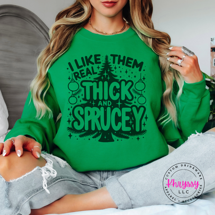 Irish Green crewneck sweatshirt featuring bubble lettering around a Christmas tree.