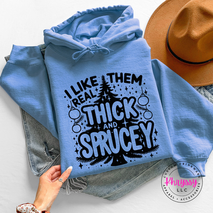Thick and Sprucey Christmas hoodie in Carolina Blue.