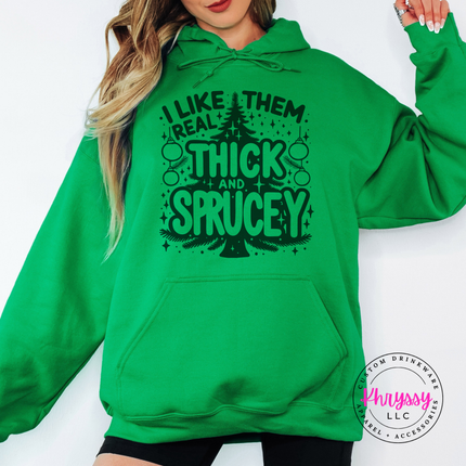 Irish Green hoodie featuring bubble lettering around a Christmas tree.