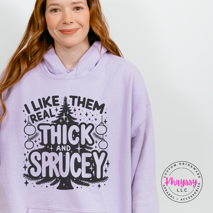 Funny Thick and Sprucey Christmas tree design printed on an Orchid hoodie.