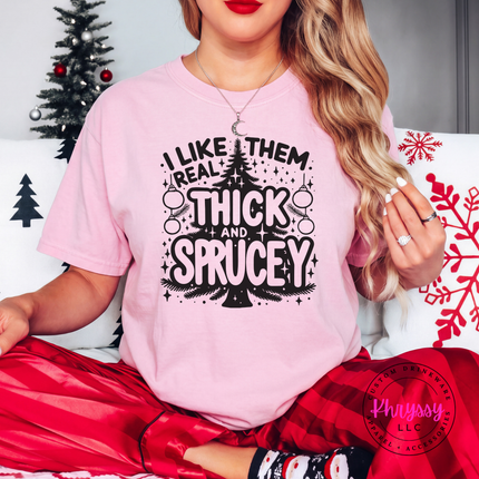 Funny Thick and Sprucey Christmas tree design printed on a Blossom tee.
