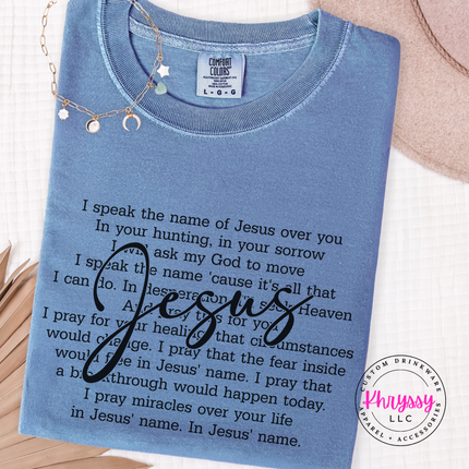 Blue Jean garment-dyed tee with a prayer design and a flowing Jesus script.