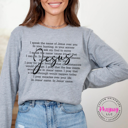 Athletic Heather long sleeve with a prayer design and a flowing Jesus script.