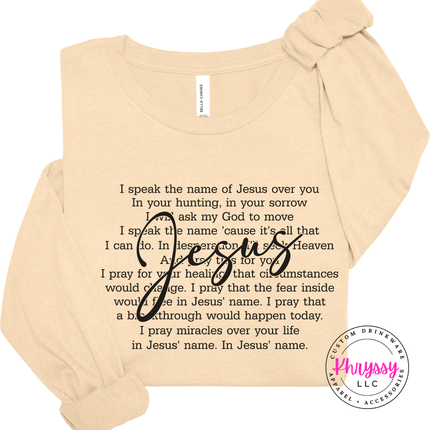 Soft Cream long sleeve with a prayer-over-you scripture design.