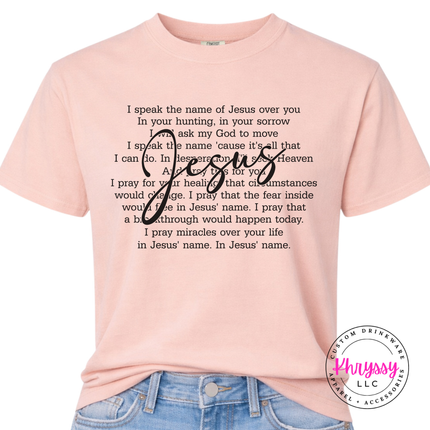 Peachy relaxed tee featuring a heartfelt faith prayer and cursive Jesus lettering.