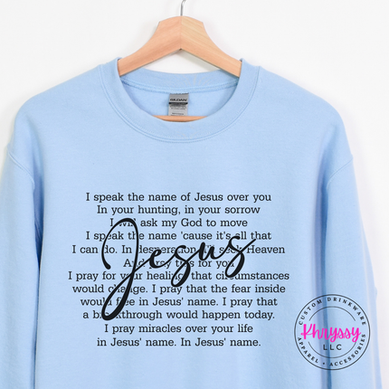 Light Blue crewneck featuring a heartfelt faith prayer and cursive Jesus lettering.