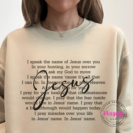Sand heavyweight crewneck with a prayer-over-you scripture design.