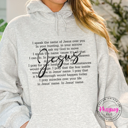 Ash Grey hoodie with a prayer design and a flowing Jesus script.