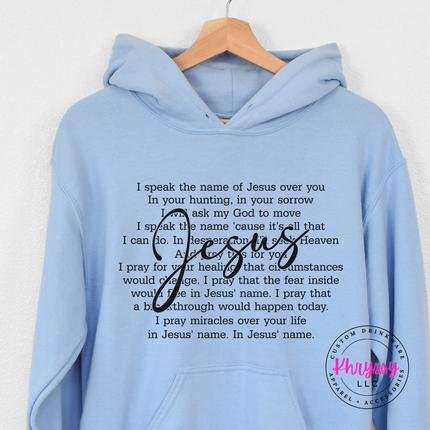 Light Blue hoodie featuring a heartfelt faith prayer and cursive Jesus lettering.