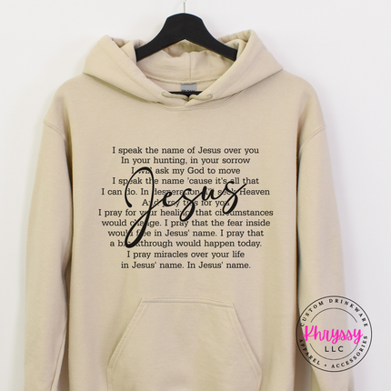 Sand heavyweight hoodie with a prayer-over-you scripture design.