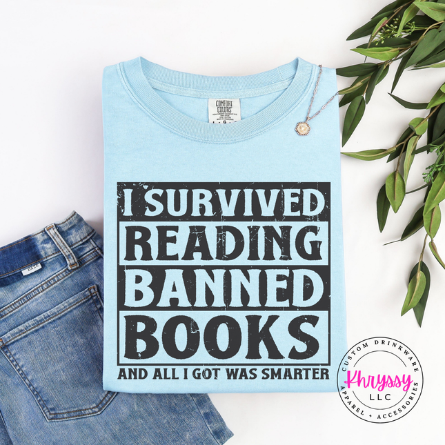 Chambray Comfort Colors tee with bold distressed I Survived Reading Banned Books print.