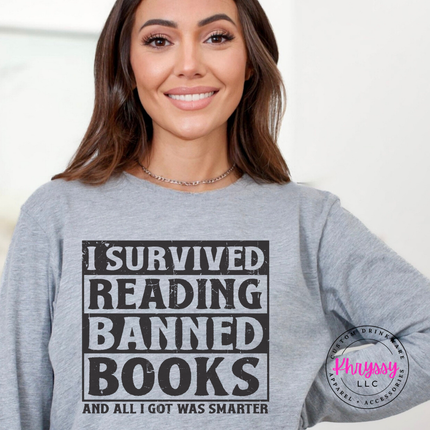 Athletic Heather Bella Canvas long sleeve with bold distressed banned books reader statement.