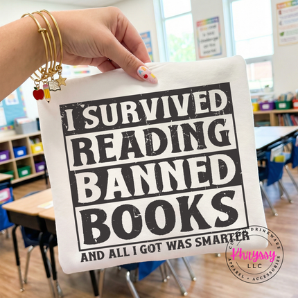 white Comfort Colors tee with bold dark distressed banned books reader statement print.