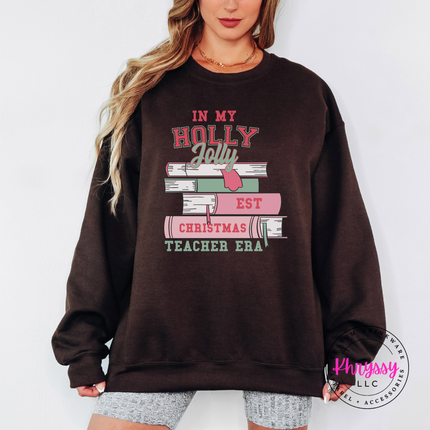 Woman wearing the Holly Jolly teacher era crewneck sweatshirt in Dark Chocolate.