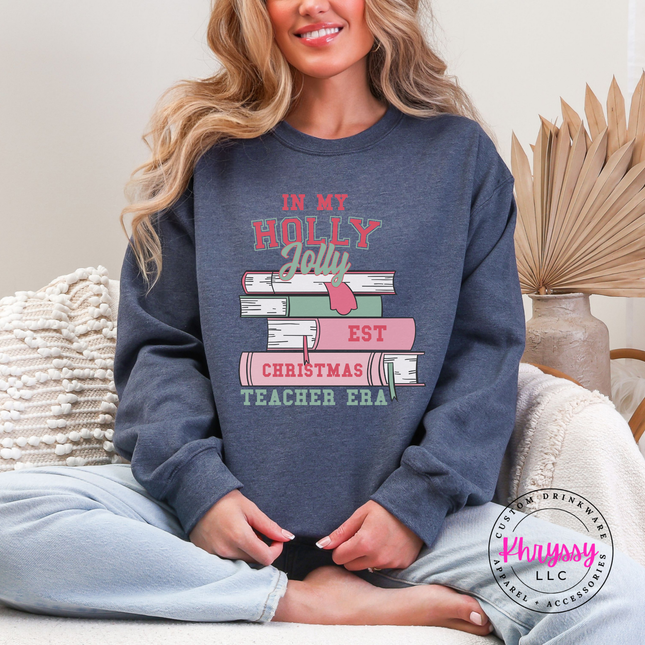Heather Sport Dark Navy crewneck sweatshirt featuring varsity lettering on a stack of books.