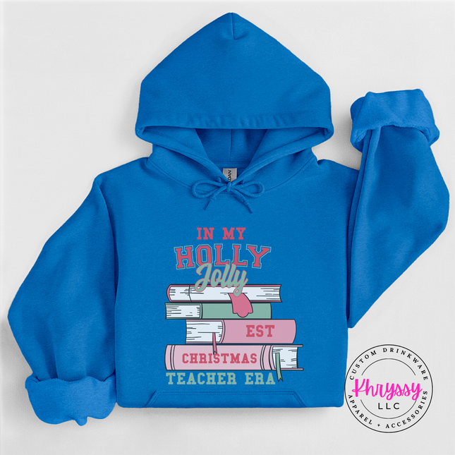 Antique Sapphire hoodie with In My Holly Jolly Christmas Teacher Era books.