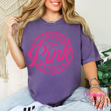 In October We Wear Pink Tee, Breast Cancer Awareness Month Badge Shirt
