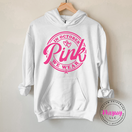 Soft White hoodie in pink ink printed with the We Wear Pink badge design