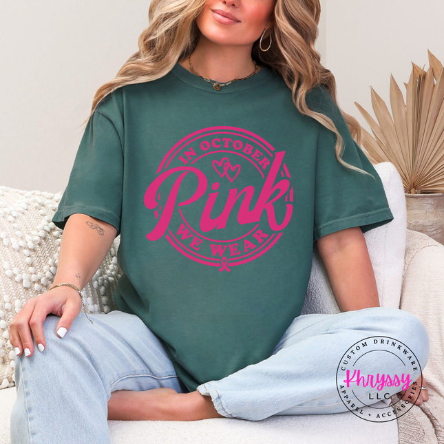 Blue Spruce tee featuring the in October we wear pink awareness badge