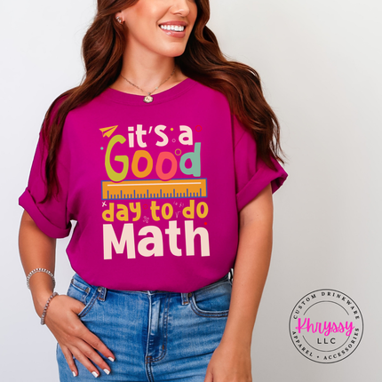 Boysenberry soft cotton tee featuring the bright multicolor math statement with ruler and equation accents.