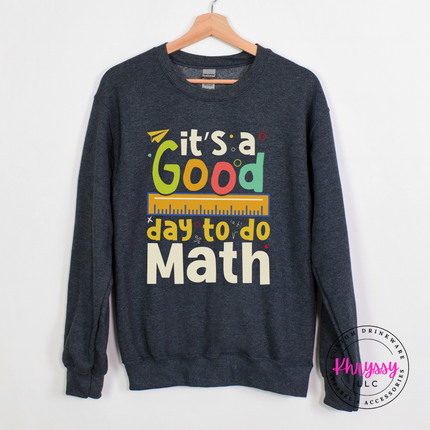 deep heather crewneck sweatshirt featuring the bright multicolor math statement with ruler and equation accents.