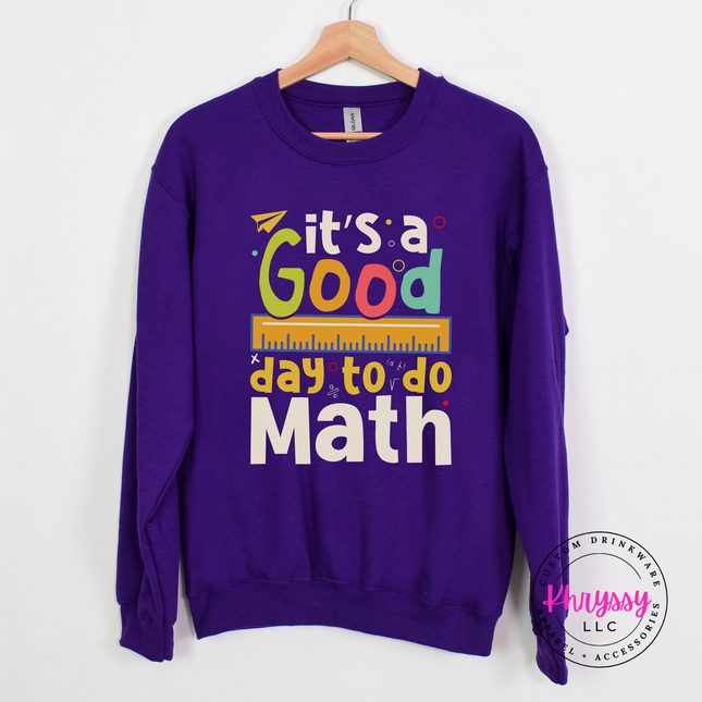 purple crewneck sweatshirt featuring the bright multicolor math statement with ruler and equation accents.