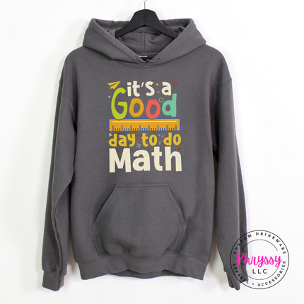 Charcoal pullover hoodie featuring the bright multicolor math statement with ruler and equation accents.