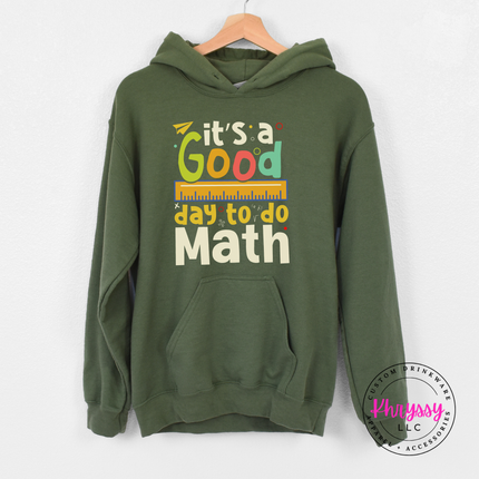 Navy Gildan pullover hoodie with the colorful multicolor It’s a Good Day to Do Math bold math statement print.