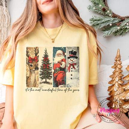 Vintage deer, tree, Santa, and snowman panels printed on a Butter tee.
