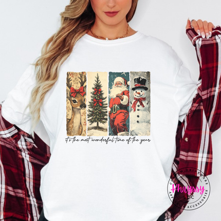 Close up of the vintage Santa and snowman panels on a White tee.
