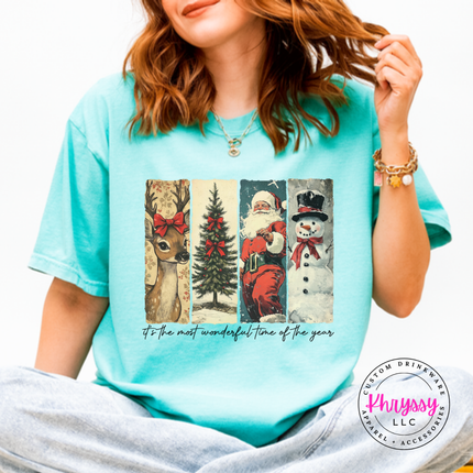 Model wearing the Most Wonderful Time vintage Christmas tee in Chalky Mint.
