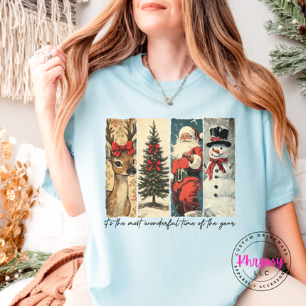 Chambray tee featuring four retro Christmas illustration panels and script.