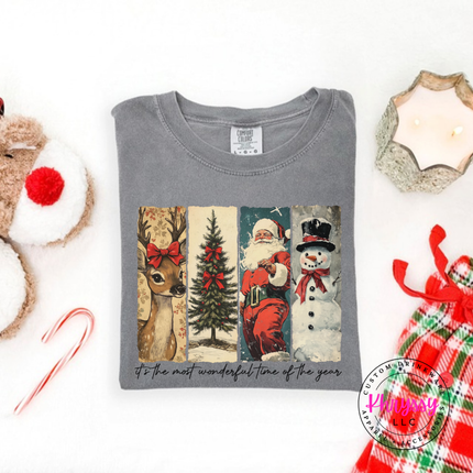 Close up of the vintage Santa and snowman panels on a Gray tee.