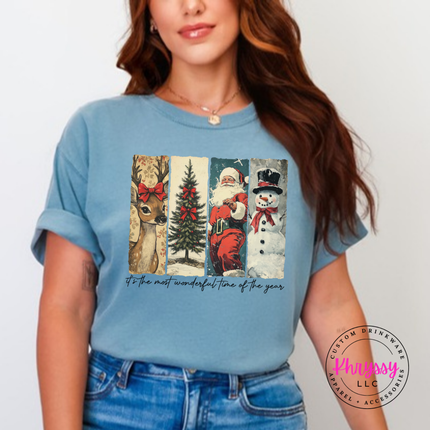Ice Blue tee with vintage Christmas panels and Most Wonderful Time script.