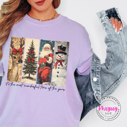 Model wearing the Most Wonderful Time vintage Christmas tee in Orchid.