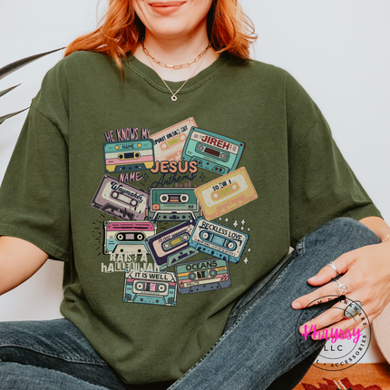 Hemp garment-dyed tee with a retro worship cassette tape collage design.